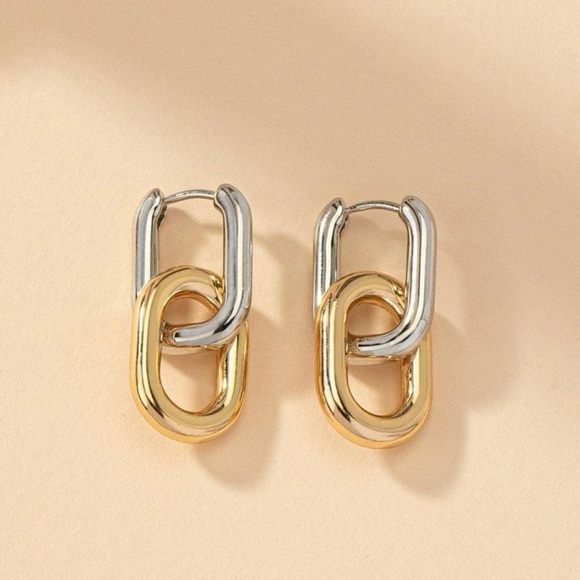 Anthropologie Jewelry - Two toned silver and gold paperclip chain minimalist hoop earrings jewelry ✨